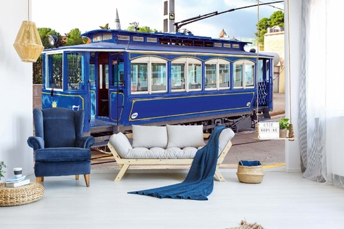 Vlies Fototapete - Alte blaue Straßenbahn 375 x 250 cm